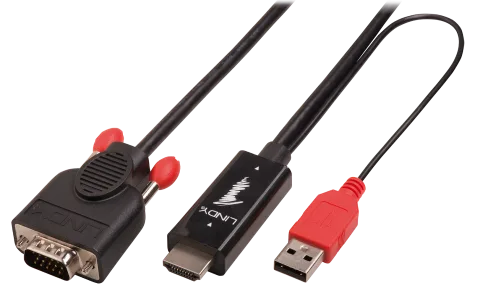 Lindy 41455 video kabeļu aksesuārs 1 m HDMI + USB VGA (D-Sub) Melns